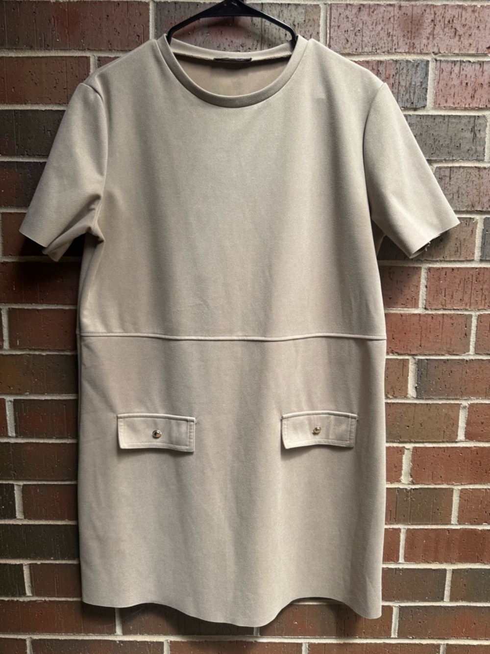 Dress | Zara Taupe Shift Raw Hem Gold Button Pockets Size L